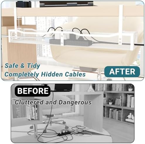 Cable Management Under Desk, 25.3'' No Drill Desk Cable Management Tray with Clamp, Metal Cord Organizer for Standing Desk, Computer Wire Management for Home Office & Gaming Setup, White