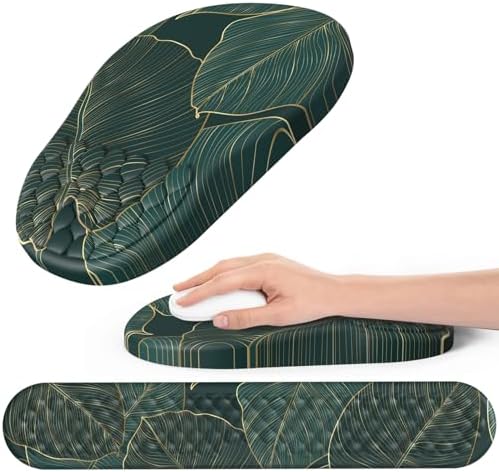 Ergonomic Mouse Pad and Keyboard Wrist Rest with Massage Design, Space-Saving Mouse Pad Wrist Support, Memory Foam Wrist Rest with Non-Slip PU Base for Computer Desk, Green Leaves