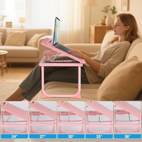 Laptop Bed Desk, Adjustable Lap Desk, Small Laptop Table with USB Charge Port, Desktop Card &Pen Slot, Cup Holder, Foldable Bed Tray Table for Couch Sofa Chair Floor Eating Working
