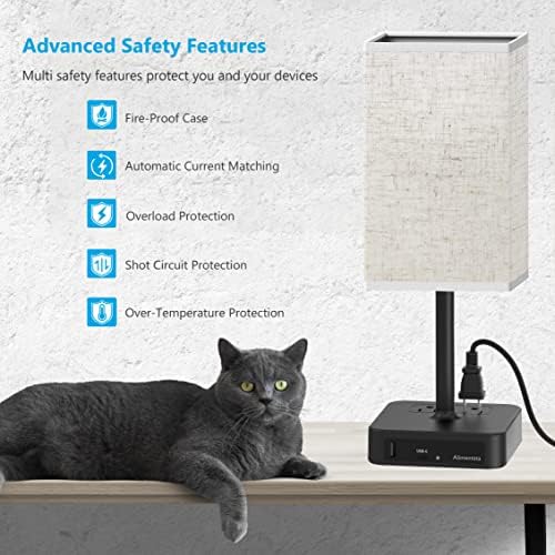 Touch Control Bedside Table Lamp with USB C & USB A Charging Port and 2 AC Outlet, Minimalist LED Desk Light with Charger Base Brown Fabric Shade for Bedroom/Nightstand/Office