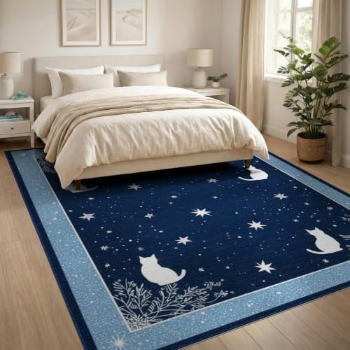 8'x10' Midnight Blue Cat Starry Design Washable Area Rug