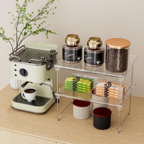 STARLATTA 2 Pcs Cabinet Organizer Shelf, Stackable Kitchen Counter Shelves, Spice Rack,Countertop Organizers, Clear Plastic Storage Shelves Rack for Makeup,Bathroom,Cupboard,Desk,Pantry Organization