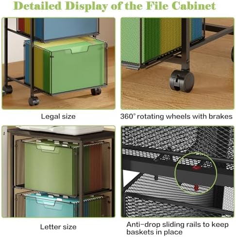 Sbanmao Letter/Legal Rolling File Cart with 2 Storage Drawers, Under Desk Storage, Vertical Filing Cabinet for Home Office, Hanging File Folders Organizer, Mobile Utility Cart Printer Stand, Black