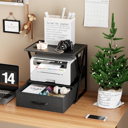 aboxoo Printer Stand for Desk with Storage Drawer, 2 Tier Desktop Or Under Desk Shelf, Multi-Purpose Desks Organizer for Home Office, fit Fax Machine/3D Printer/Scanner, Black