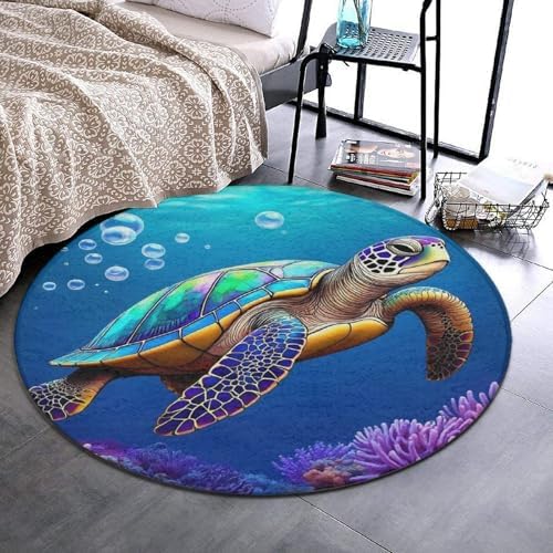 Soft Round Yoga Carpet, Large Home Decor Mat, Non Slip Machine Washable Kitchen Office Circle Rug Sea Turtle