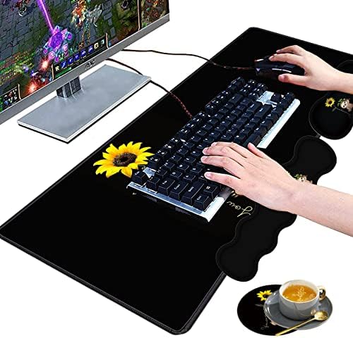 Large Gaming Mouse Pad, Keyboard Wrist Rest pad + Mouse Wrist pad + Coaster Set Extended Waterproof Non-Slip Table mat Suitable for Home Office Learning Games - Sunflower and Sloth