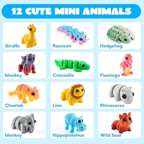 JOYIN 12PCS Safari Animal 3D Printed Toys, Mini Animals 3D Printed Toys, Cute Articulated Flexible Figurines Fidget Toys for Party Favors Classroom Desk Pets Home Decor