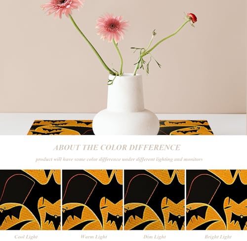 Shrahala Happy Halloween Funny Set Of 4 12 X 18 Inch Linen Placemats , Bats Cute Yellow Background Burlap Table Mat Washable Double Layered Heat Insulation For Indoor/Outdoor