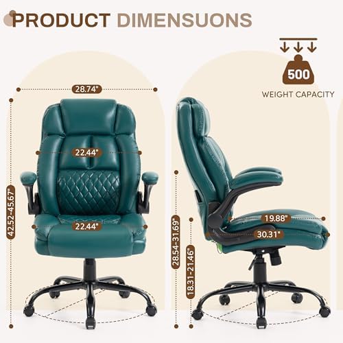 Massage Office Chair,500LBS Ergonomic Rocking Executive Desk Chairs with 4 Points Vibration&Heat,Padded Flipup Armrests for Big and Tall Office Chair,Swivel Computer Chair DarkGreen
