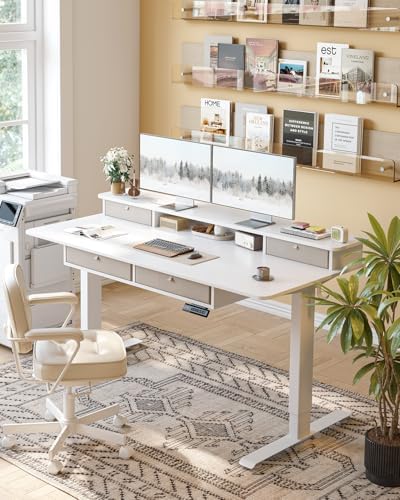 FEZIBO 60 x 30 inch Standing Electric Desk with Drawers, White