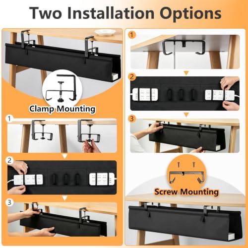 Extra Large 48" Under Desk Cable Management Tray - Under Desk Cord Management - Clamp/Screw Mount - Support Upto 70lbs - Fabric Wire Management - Cable Raceways Tray Cord Hiders for Office/Home