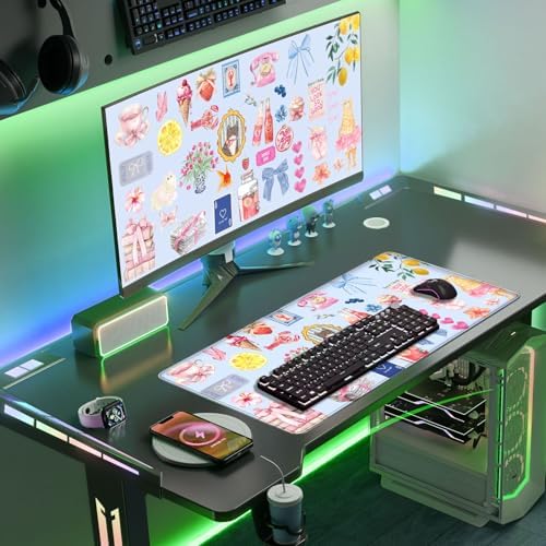 Cute Blue Desk Mat Kawaii Cat Mouse Pad Retro Vintage Large XXL Mousepad Computer Keyboard Laptop Mouse Mat Aesthetic Floral Office Desk Decor for Women Girl