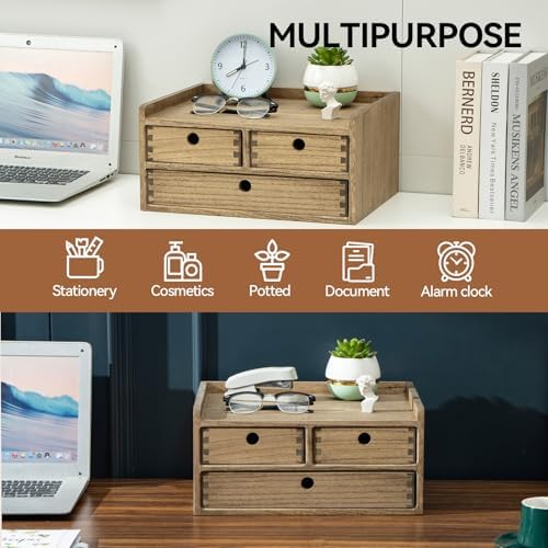 KIRIGEN Wooden Desk Organizer with 3 Drawers and Top Shelf Brown DT2D3C-DBR