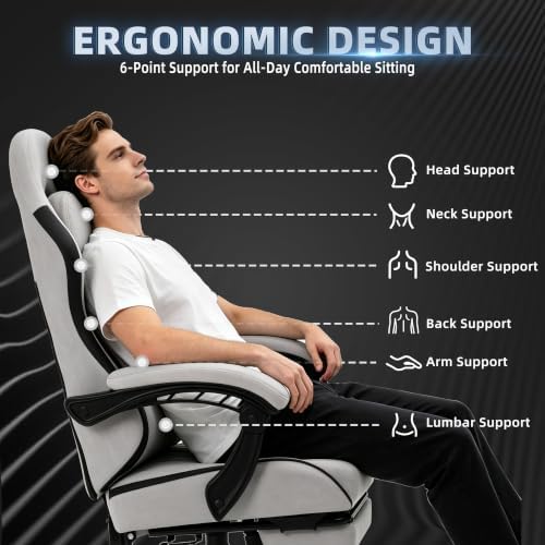 Gaming Chair for Adults, Fabric Gaming Chair with Footrest and Pocket Spring Cushion, Ergonomic Gamer Chair with Lumbar Support, Reclining Computer Gaming Chair with High Back, Grey