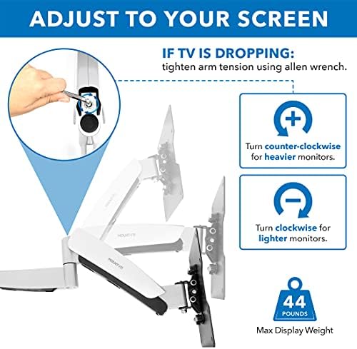 Mount-It! Full Motion Gas Spring TV Wall Mount for 25–55 Inch LED LCD OLED Flat Screen TVs | Height Adjustable 13.5” Articulating Arm | VESA 100x100 to 400x400 | 44 lb Capacity | Single Stud | Silver