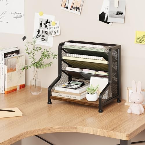 SWTYMIKI Paper Organizer, Mesh and Wood Desk Office Organizer, Office Organization and Binder Storage for Workspace, Home, School, Espresso