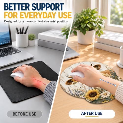 Fun Sunflower Cow Mouse Pad with Wrist Rest, Keyboard Support and Coaster