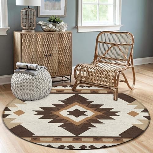 Fashion Round Area Rug Large Non Slip Carpet Unisex Home Decor Mat Aztec Native American Southwestern Boho Brown