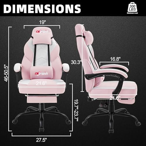 Shintenchi Big and Tall Gaming Chair Fabric Pocket Spring Cushion, High Back Recliner with Footrest and Headrest for Adults, Massage Lumbar Support for Home Office, Ergonomic Computer Desk Chair, Pink