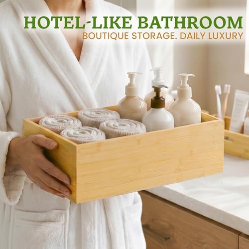 HOMESTEAD 3-Piece Stackable Bamboo Storage Box, Large Storage Bin, Wooden Boxes for Makeup Drawer Organizer Bathroom, Office Supplies, Kitchen Utensils, Bamboo Storage Containers