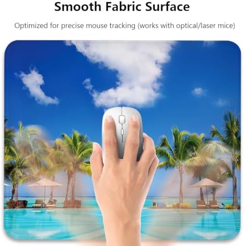 Tropical Beach Swimming Pool Mouse Pad, Coastal Scenery Sunbeds Desk Mat