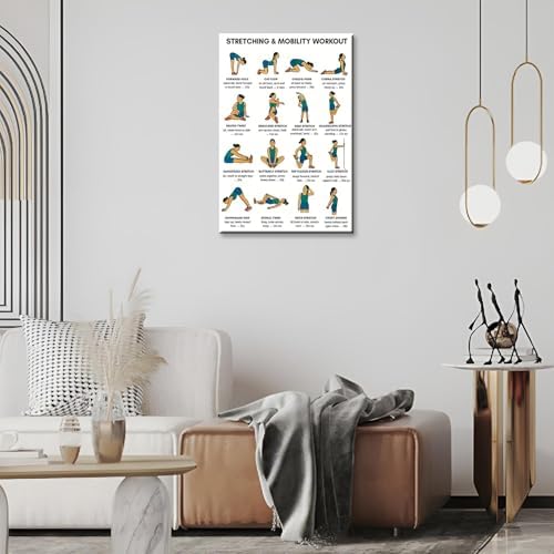 Stretching & Mobility Workout Poster, 16 Illustrated Full-Body Flexibility Chart with Hold Timing Guides, Bodyweight Daily Stretch Reference for Post-Workout Recovery & Joint Mobility Improvement(16x24inchs，Black Framed)