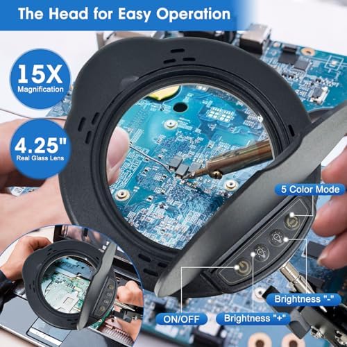 15X HD Magnifying Glass with Light, Hands-Free Desk Magnifier with 2-in-1 Base & Clamp, Adjustable Swing Arm, 5 Color Modes, 10 Brightness Levels for Reading, Crafts, Sewing & Nail Art