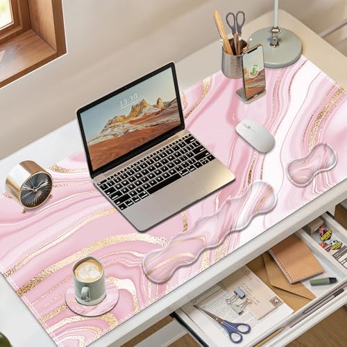 Gaming Mouse Pad Keyboard Wrist Support, 4 in1 Mousepad Set with Wrist Keyboard Rest, Computer Desk Mat, Non-Slip Desk Pad Protector with Memory Foam Easy Typing Pain Relief I Pink Gold Marble