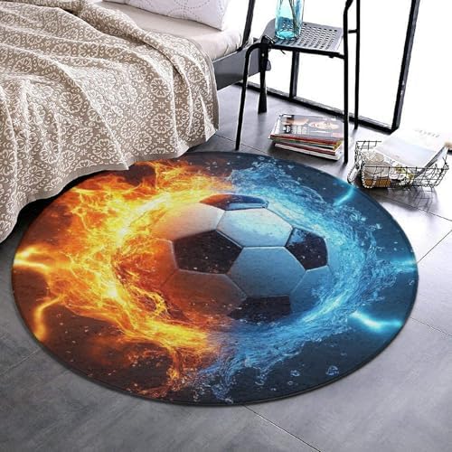 Fashion Round Area Rug Large Non Slip Carpet Unisex Home Decor Mat Water Fire Flame Football Soccer Ball Sport