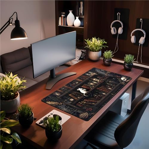 Dark Witchy Desk Mat Gaming Desk Pad Large Mouse Pad, Magician'S Fantasy Bookcase Gothic Mouse Mat XXL Laptop Keyboard Pad, Laptop Keyboard and Mouse Mat Desktop Protector Mat 31.5 X 15.7 in