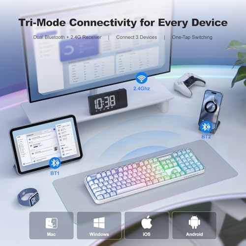 GEEZER Computer Backlit Keyboard White Crystal - Full-Size Bluetooth Wireless Rechargeable Transparent Keycap Portable Keyboards Compatible with Windows, Laptop, PC, Desktop