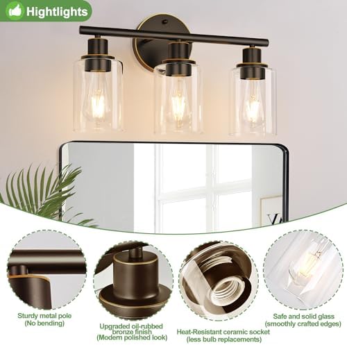 Zarbitta 3-Light Bathroom Light Fixtures, Brown and Gold Bathroom Wall Lights, Modern Vanity Light with Clear Glass Shade, Bathroom Wall Lamp for Mirror Hallway Cabinet