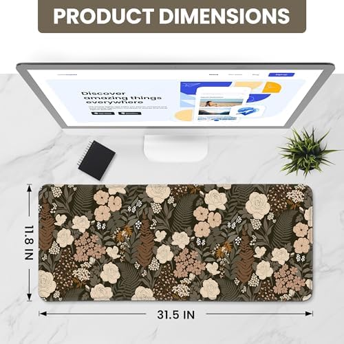 Aesthetic Desk Mat, Cute Wild Rose Desk Pad Protector for Work & Decor, 31.5" x 11.8", Pretty Non-Slip Extended Mouse Pad for Office or Home