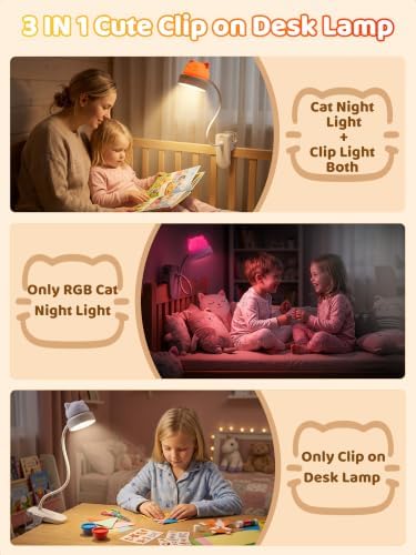 Cat Lamp,Dimmable RGB Clip on Light,Cute Desk Lamp Rechargeable Night Light