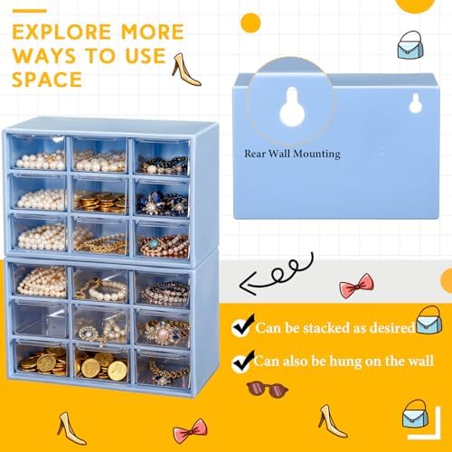 Wenqik 2 Pcs Mini Storage Drawers with 9 Clear Drawers, Blue