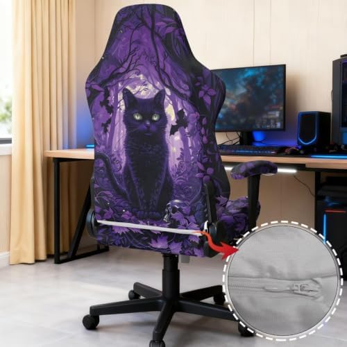 Purple Forest Black Cat Witchy Gaming Chair Cover Stretchable Game Chair Slipcovers with 2 Armrest Covers, Scratch-Proof Gamer Desk Chair Covers for Computer Office Seat