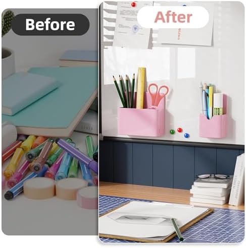 Marbrasse Magnetic Dry Erase Marker Holder,Pen and Eraser Holder for Whiteboard，Magnet Pencil Cup Utility Storage Organizer for Office, Refrigerator, Locker and Metal Cabinets (Pink)