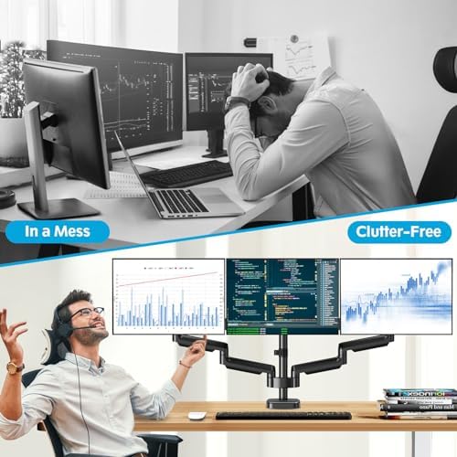 MOUNTUP Triple Monitor Mount for 17-32 inch Screens, Full Motion Triple Monitor Stand, 3 Monitors Desk Mount Holds 4.4-19.8 lbs Each, Clamp & Grommet Mounting, Black