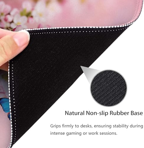 Pink Cherry Blossom & Blue Butterfly Mouse Pad, Japanese Sakura Desk Mat