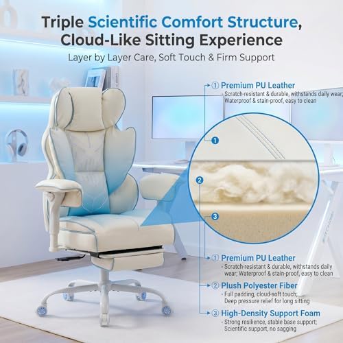 Comfy Office Desk Chair, White‑Blue Aesthetic Chair with Footrest