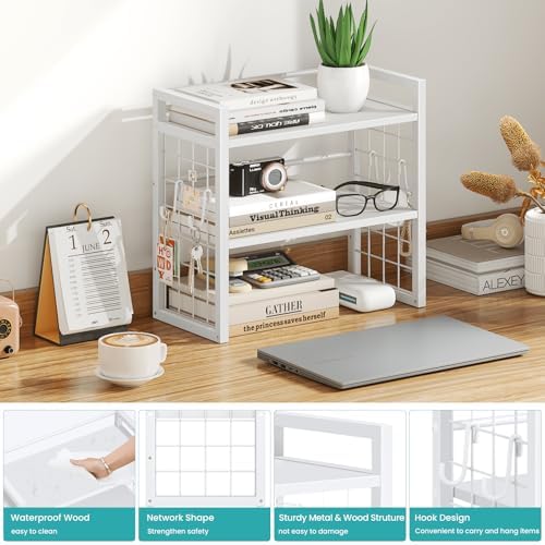 ELITEROO Desk Shelf Organizer, Tiered Wood Desktop Book Shelf, White