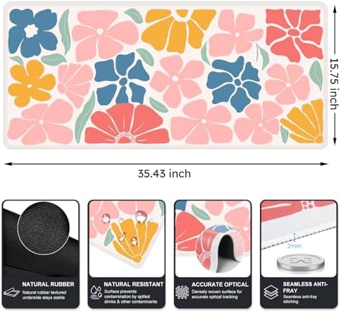 iCasso Desk Mat, Desk Matt for Desktop, Cute Desk Pad Mat, Colorful Flower