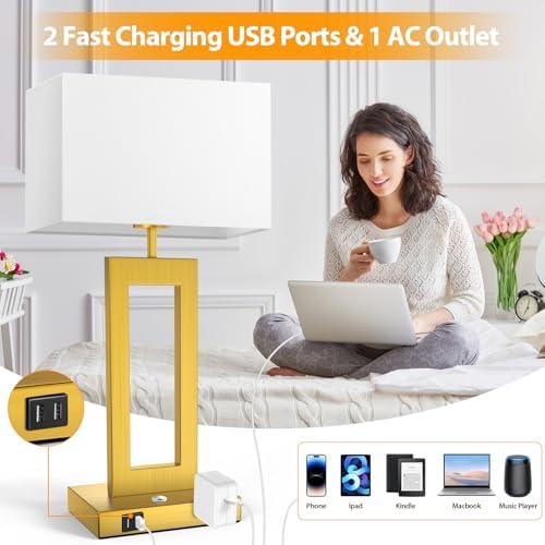Table Lamps for Bedrooms Set of 2, 27.2’’ Super Tall Modern Gold Lamps for Living Room Nightstand End Tables, Button Touch Control Bedside Lamps with 2 USB Ports, 3 Color Temp. E26 Bulbs Included