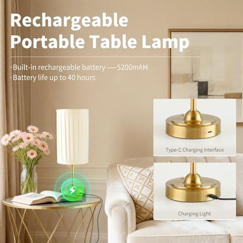 Mr.White Rechargeable Cordless Table Lamp with Fabric Shade, 5200mAh Battery Operated LED Touch Table Light, for Restaurant Kitchen Patio Dinner (Bronze)