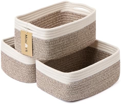 MiniArk Small Storage Baskets for Organizing | Closet Organizer Bins | Shelf Toy Basket | Woven Rope Baskets | Cube Decorative Box | Shallow Basket | 13x8.5x5.1” | 3 Packs White Brown
