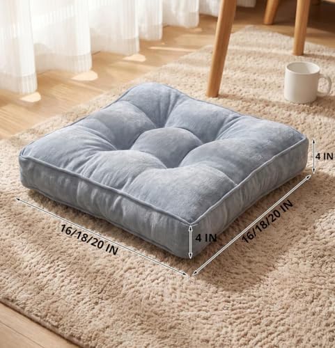 Square Corduroy Seat Cushion 4 Inch Thick Chair Pad Japanese Tatami Style Floor Pillow with Tufted Design 16"/18"/20" Breathable Durable Cushion for Office, Dining Room & Living Room，Deep grey：16"X16"