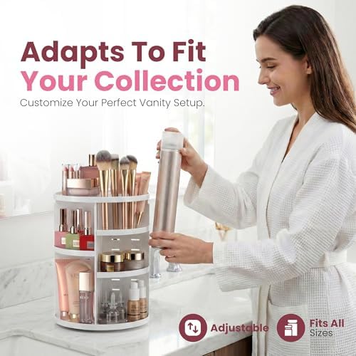 Masirs 360 Rotating Makeup Organizer Countertop, Adjustable Shelf, White