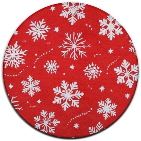 Large Home Decor Mat, Soft Round Yoga Carpet, Non Slip Machine Washable Home Office Circle Rug Snowflakes Christmas Red Print