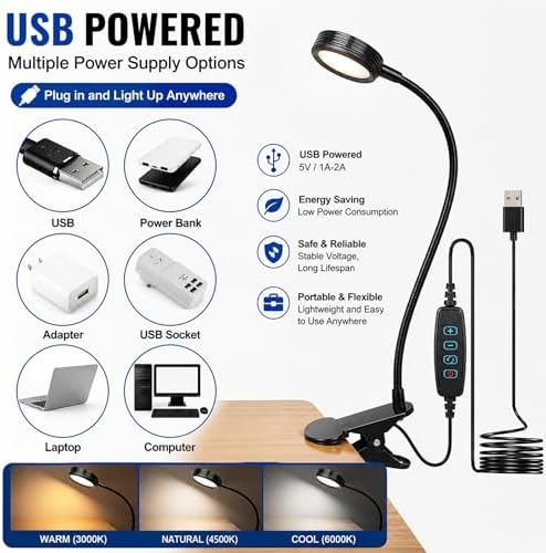 USB Clip-On Lamp, Eye Caring Dimmable Reading Light (Warm+Cool White, 8W)
