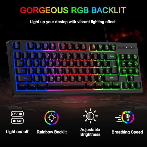 RGB 87 Keys Gaming Keyboard and Backlit Mouse Combo,BlueFinger USB Wired Rainbow Keyboard,Gaming Keyboard Set for Laptop PC Computer Game and Work